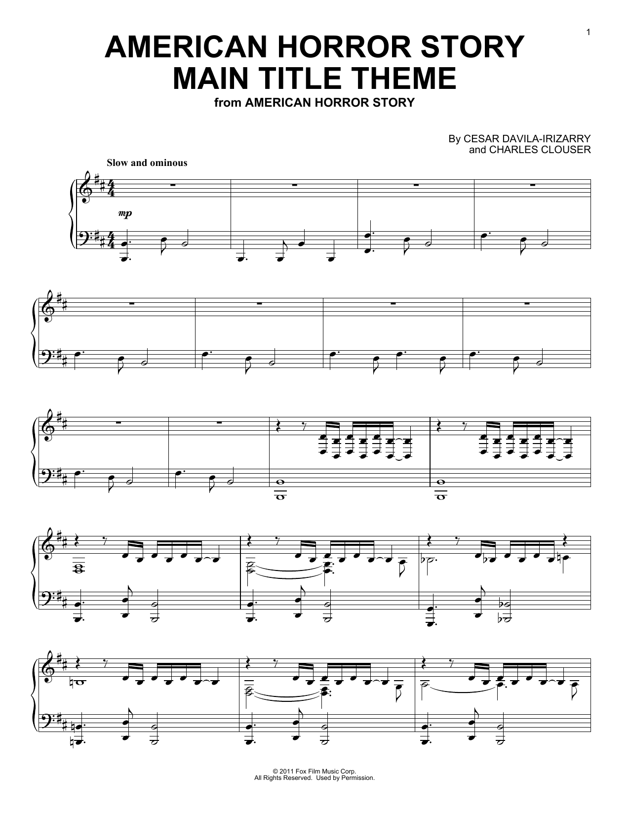 Cesar Davila-Irizarry American Horror Story (Main Title Theme) Sheet Music Notes & Chords for Piano Solo - Download or Print PDF
