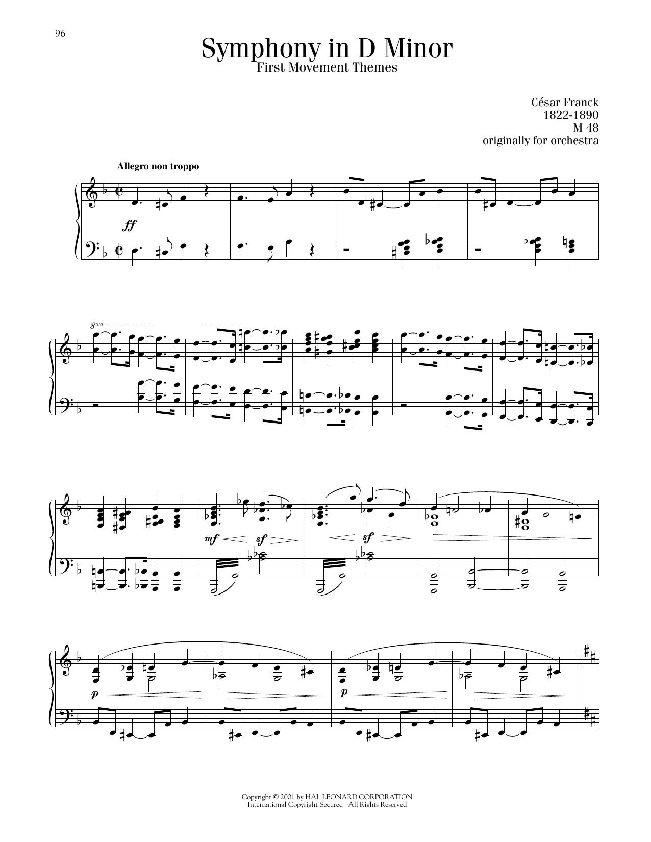 Cesar Franck Symphony In D Minor, First Movement Theme Sheet Music Notes & Chords for Piano Solo - Download or Print PDF