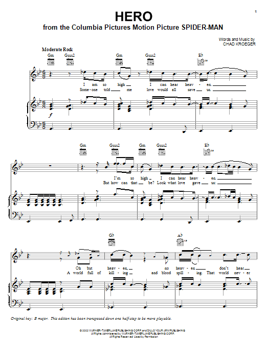 Chad Kroeger Hero Sheet Music Notes & Chords for Piano, Vocal & Guitar (Right-Hand Melody) - Download or Print PDF