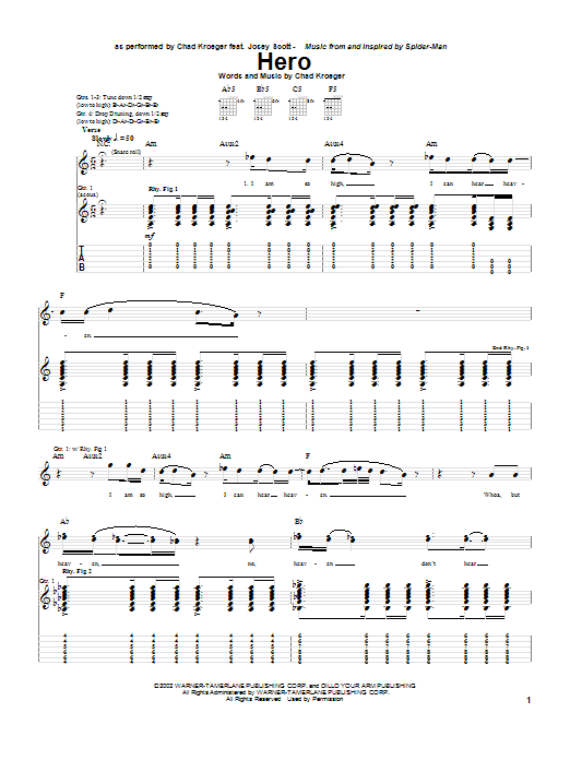 Chad Kroeger Hero Sheet Music Notes & Chords for Guitar Tab - Download or Print PDF