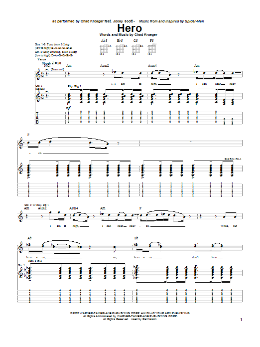 Preview Chad Kroeger Hero Rock sheet music, notes and chords for Guitar Tab, SKU: 91475 Hero sheet music