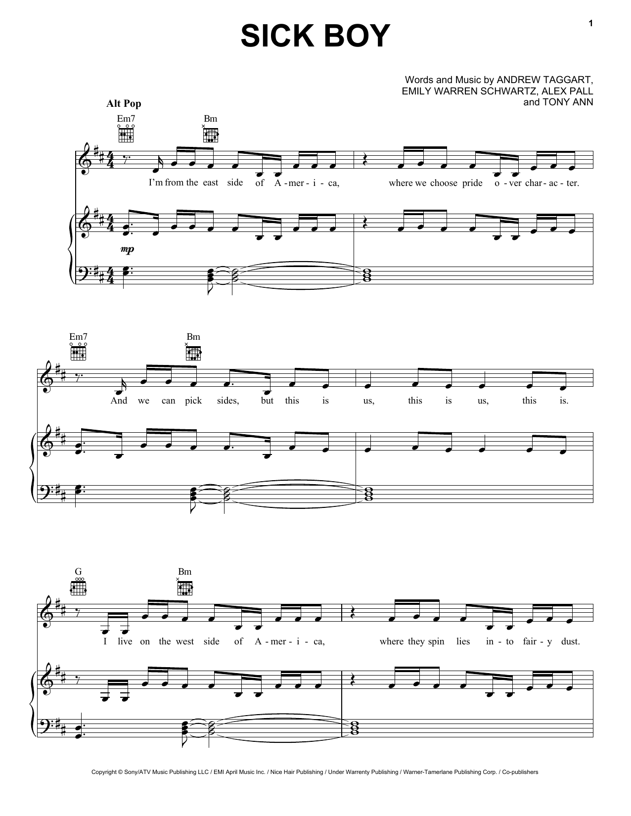 Chainsmokers Sick Boy Sheet Music Notes & Chords for Piano, Vocal & Guitar (Right-Hand Melody) - Download or Print PDF