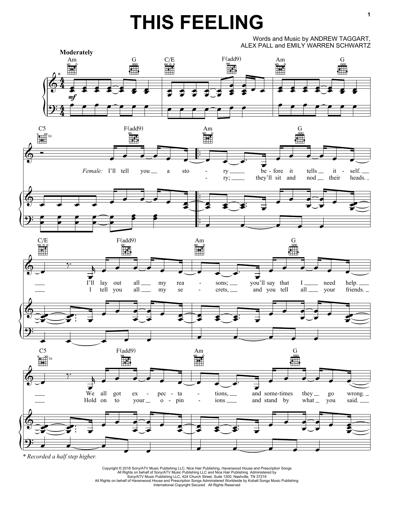 Chainsmokers This Feeling (Feat. Kelsea Ballerini) Sheet Music Notes & Chords for Piano, Vocal & Guitar (Right-Hand Melody) - Download or Print PDF