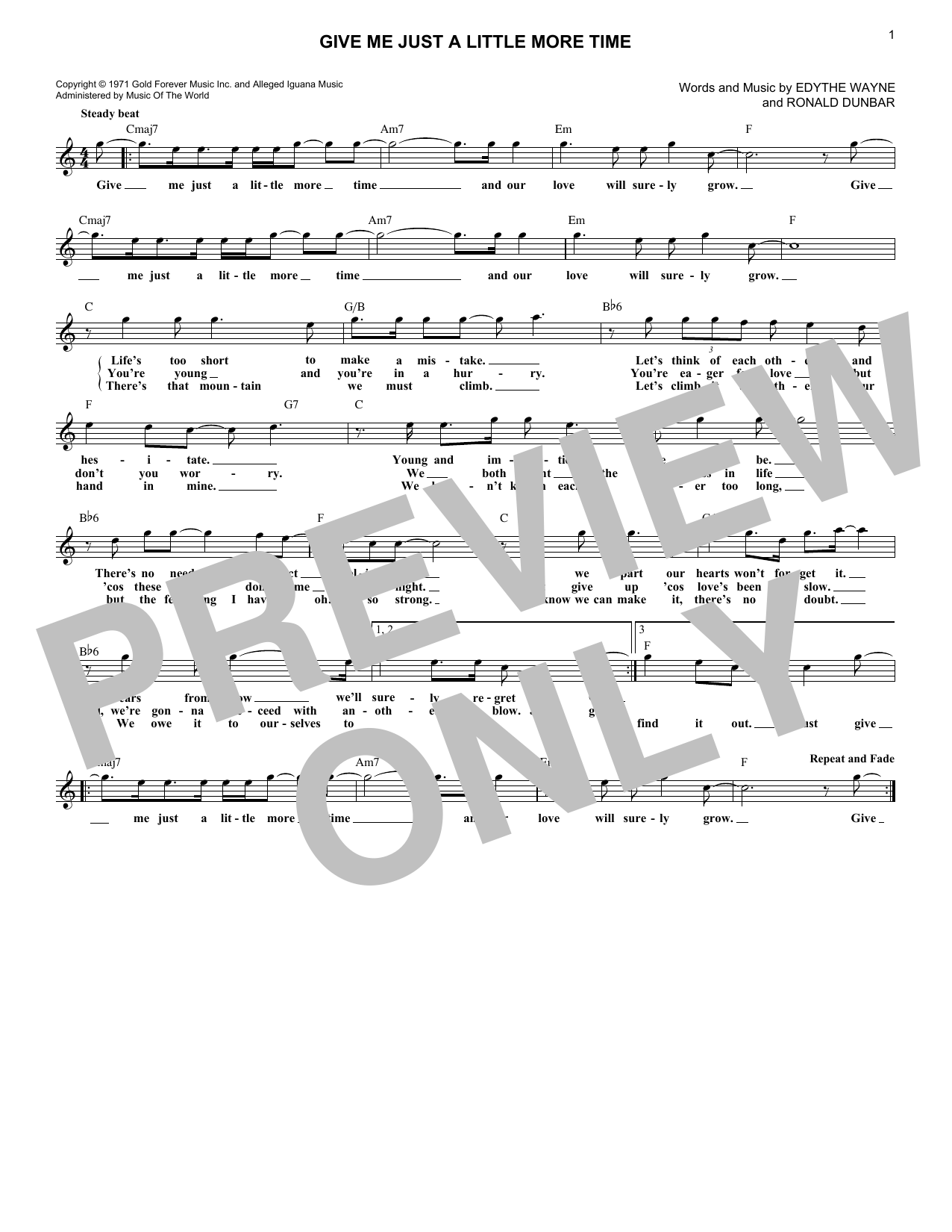 Chairmen Of The Board Give Me Just A Little More Time Sheet Music Notes & Chords for Melody Line, Lyrics & Chords - Download or Print PDF