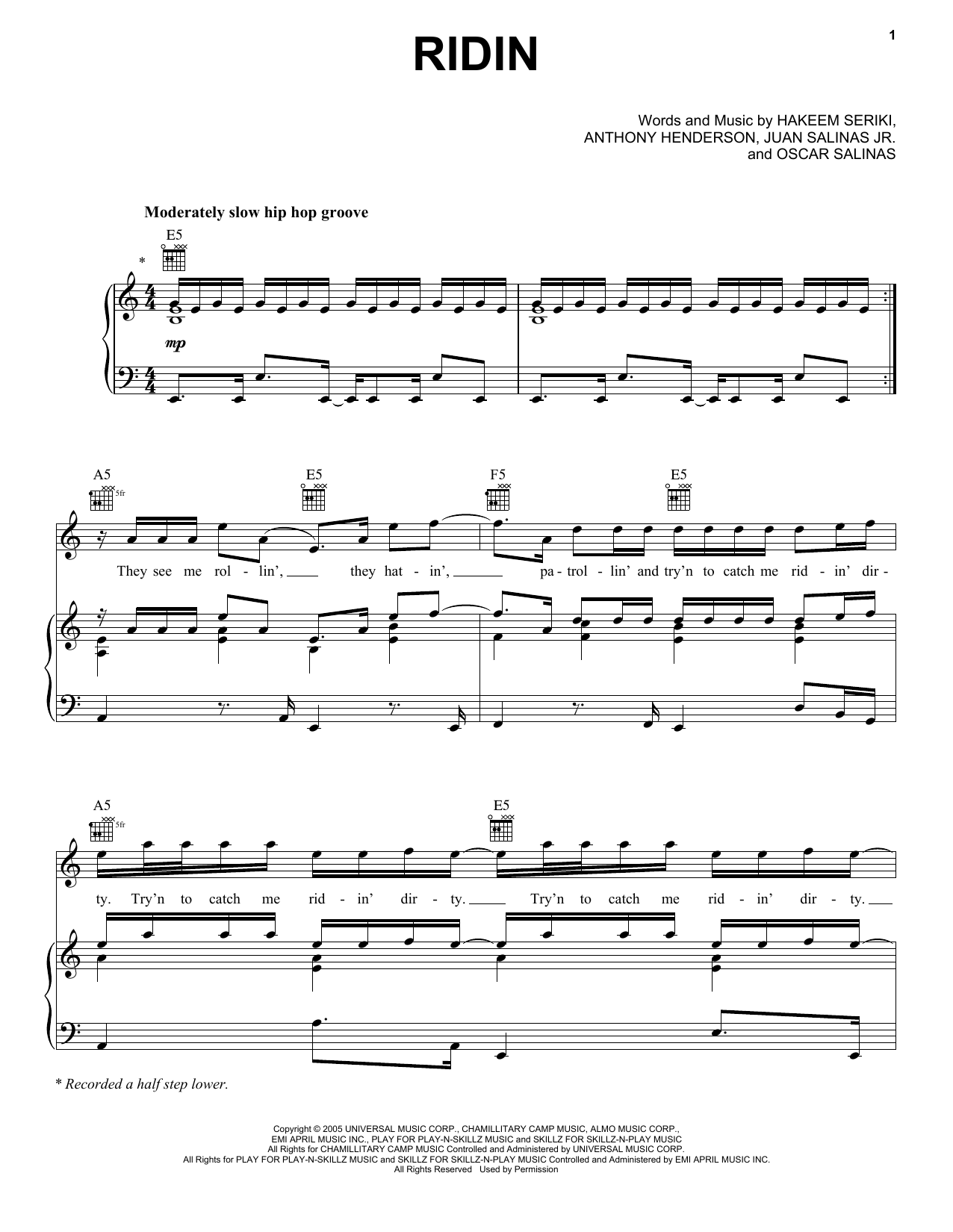 Chamillionaire Ridin Sheet Music Notes & Chords for Piano, Vocal & Guitar (Right-Hand Melody) - Download or Print PDF