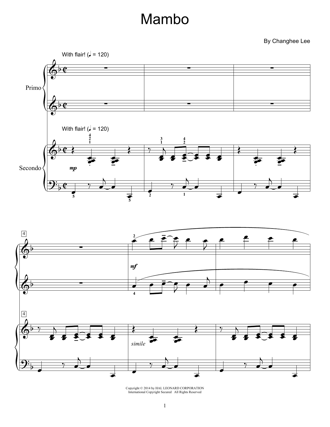 Changhee Lee Mambo Sheet Music Notes & Chords for Piano Duet - Download or Print PDF