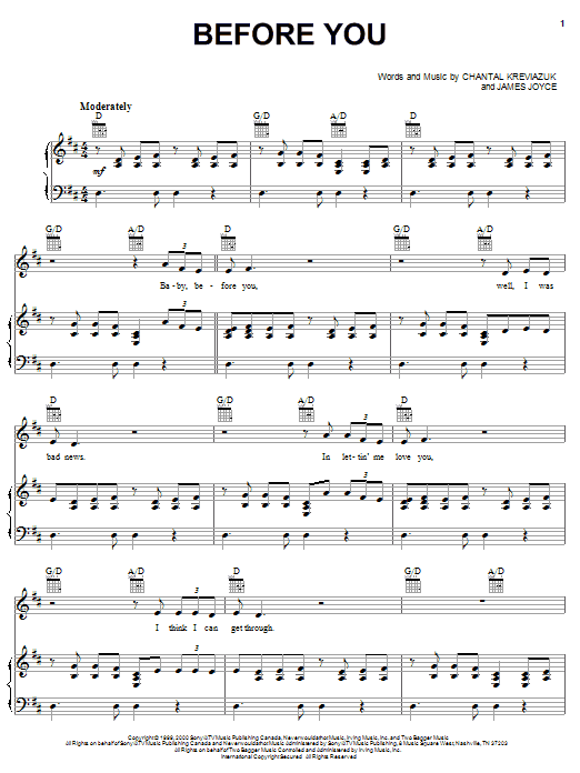 Chantal Kreviazuk Before You Sheet Music Notes & Chords for Piano, Vocal & Guitar (Right-Hand Melody) - Download or Print PDF