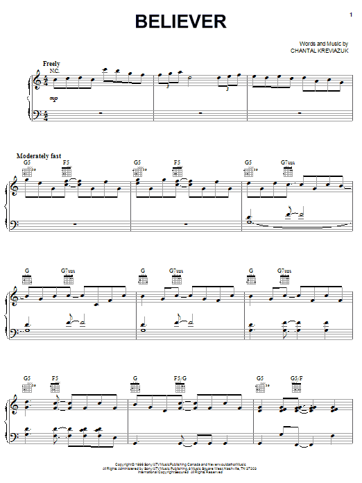 Chantal Kreviazuk Believer Sheet Music Notes & Chords for Piano, Vocal & Guitar (Right-Hand Melody) - Download or Print PDF