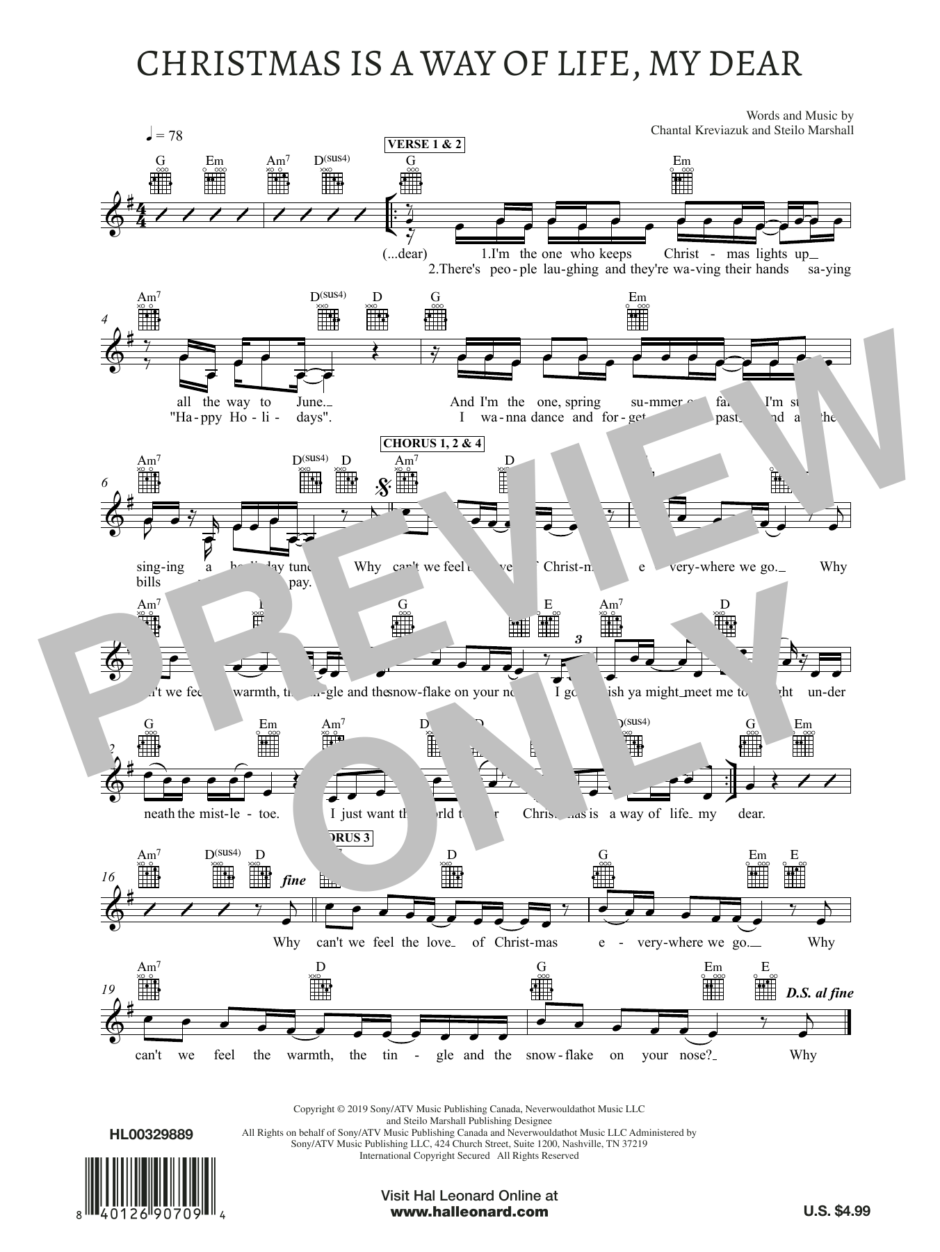 Chantal Kreviazuk Christmas Is A Way of Life, My Dear Sheet Music Notes & Chords for Lead Sheet / Fake Book - Download or Print PDF