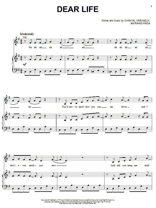 Chantal Kreviazuk Dear Life Sheet Music Notes & Chords for Piano, Vocal & Guitar (Right-Hand Melody) - Download or Print PDF