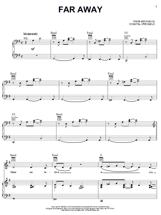 Chantal Kreviazuk Far Away Sheet Music Notes & Chords for Piano, Vocal & Guitar (Right-Hand Melody) - Download or Print PDF