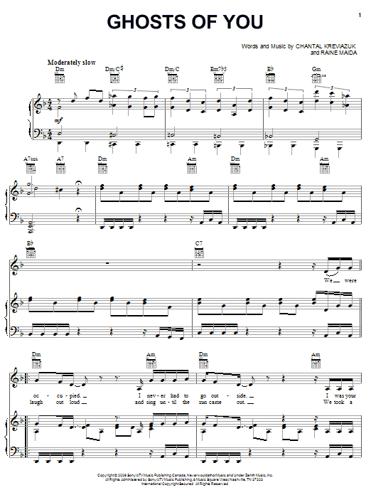 Chantal Kreviazuk Ghosts Of You Sheet Music Notes & Chords for Piano, Vocal & Guitar (Right-Hand Melody) - Download or Print PDF