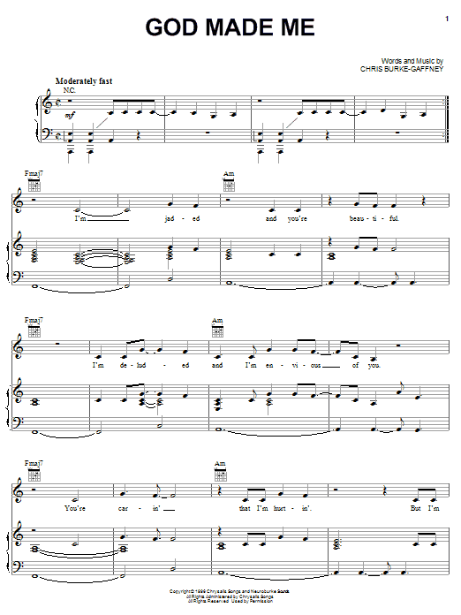 Chantal Kreviazuk God Made Me Sheet Music Notes & Chords for Piano, Vocal & Guitar (Right-Hand Melody) - Download or Print PDF