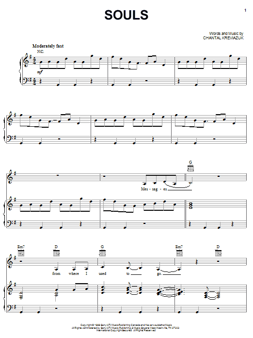 Chantal Kreviazuk Souls Sheet Music Notes & Chords for Piano, Vocal & Guitar (Right-Hand Melody) - Download or Print PDF