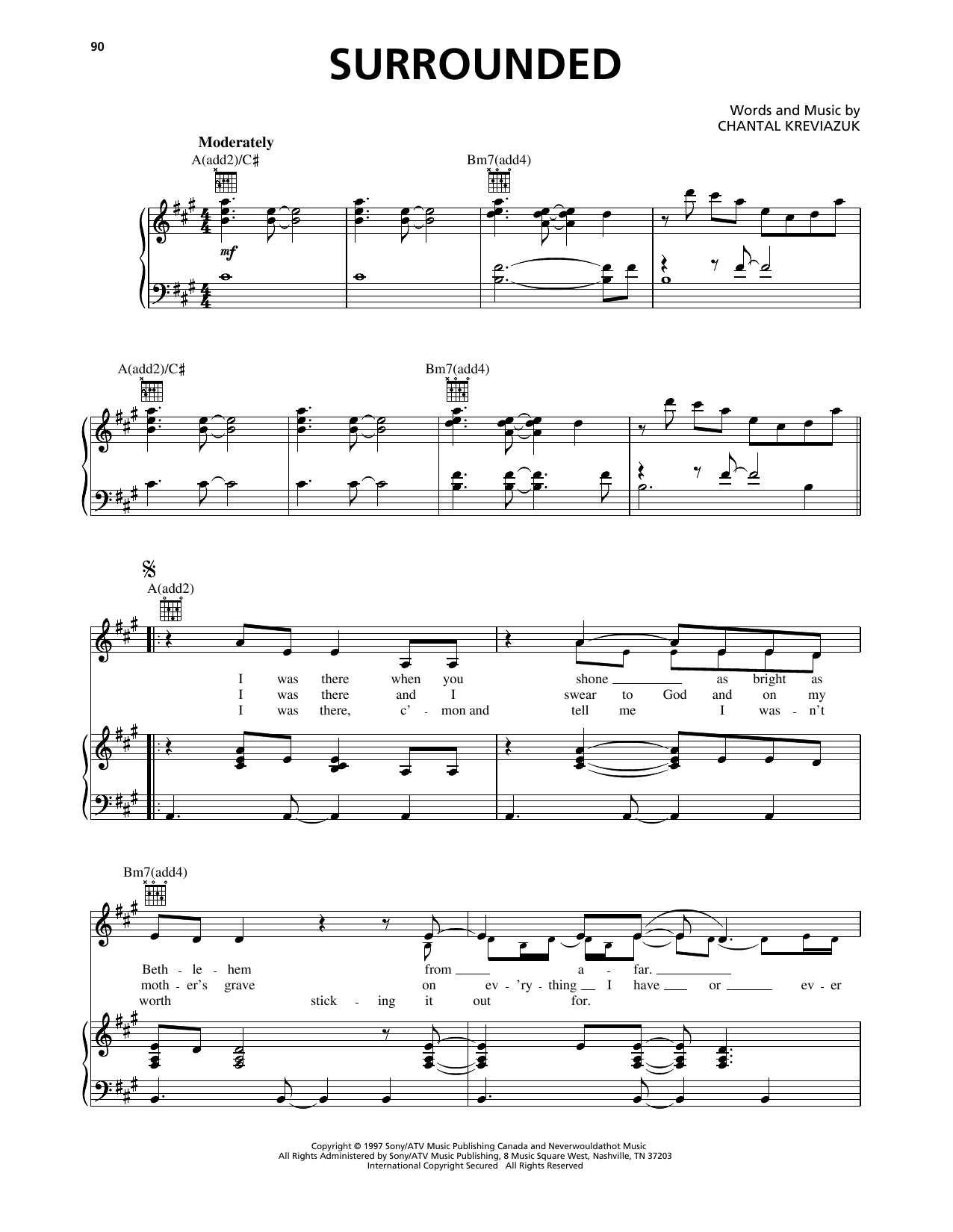 Chantal Kreviazuk Surrounded Sheet Music Notes & Chords for Piano, Vocal & Guitar Chords (Right-Hand Melody) - Download or Print PDF