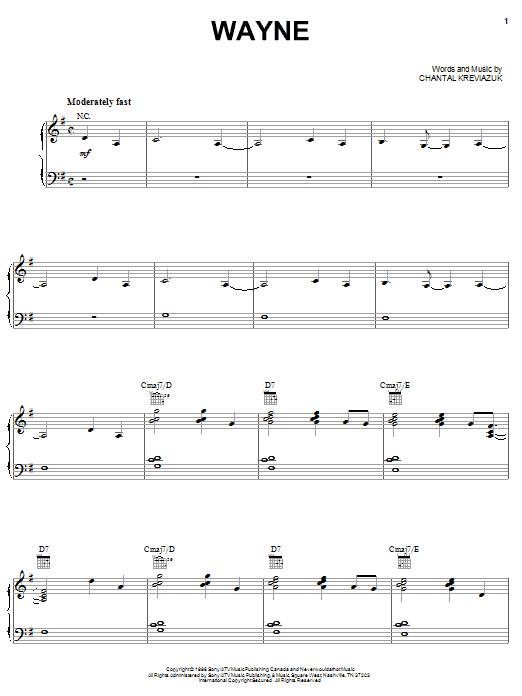 Chantal Kreviazuk Wayne Sheet Music Notes & Chords for Piano, Vocal & Guitar (Right-Hand Melody) - Download or Print PDF