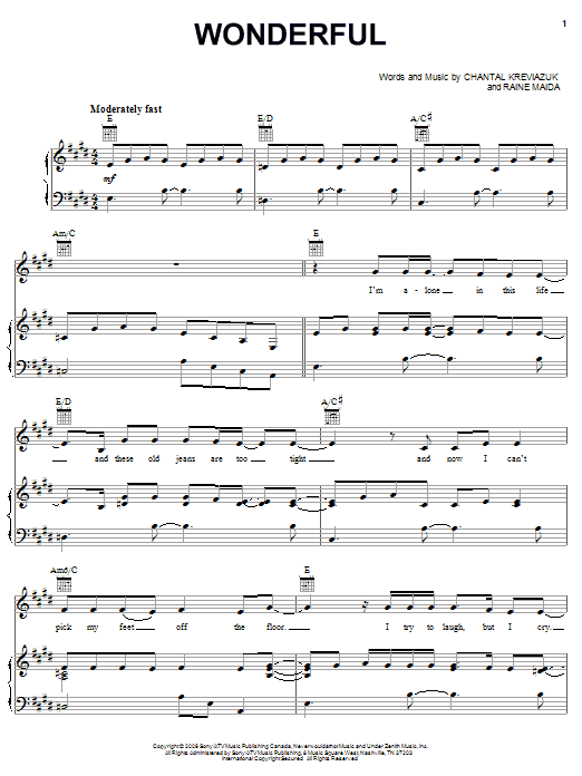 Chantal Kreviazuk Wonderful Sheet Music Notes & Chords for Piano, Vocal & Guitar (Right-Hand Melody) - Download or Print PDF