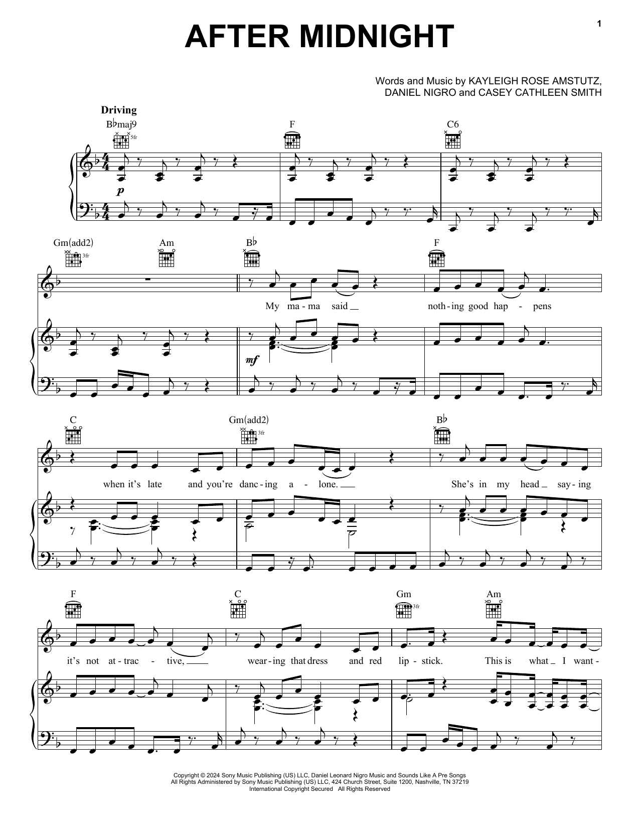 Chappell Roan After Midnight Sheet Music Notes & Chords for Piano, Vocal & Guitar Chords (Right-Hand Melody) - Download or Print PDF