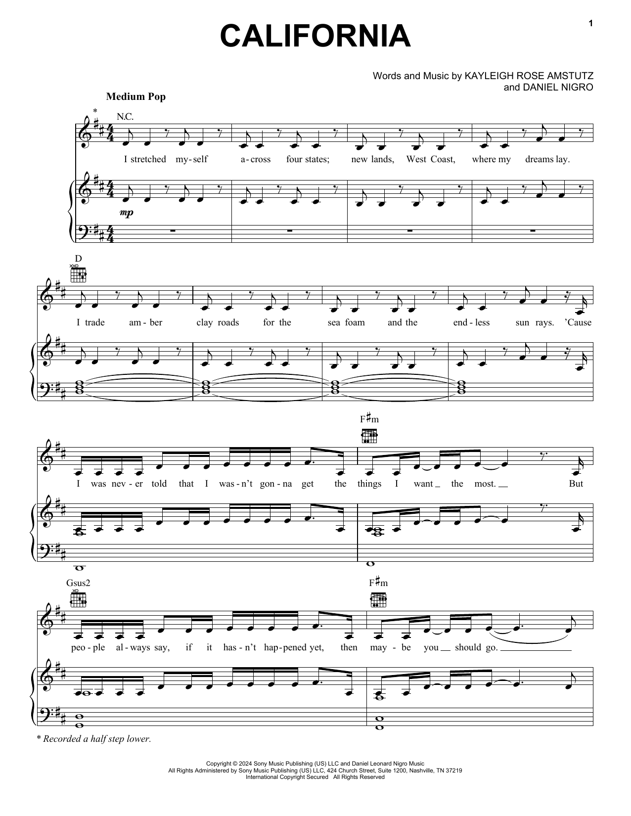 Chappell Roan California Sheet Music Notes & Chords for Piano, Vocal & Guitar Chords (Right-Hand Melody) - Download or Print PDF