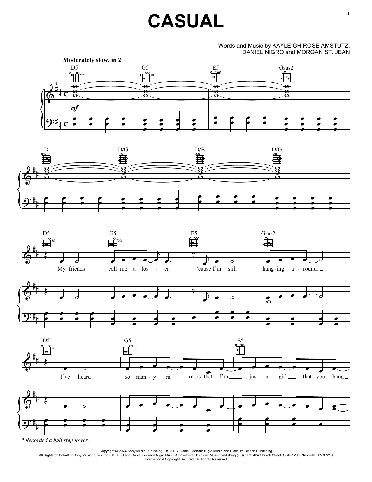 Chappell Roan Casual Sheet Music Notes & Chords for Piano, Vocal & Guitar Chords (Right-Hand Melody) - Download or Print PDF