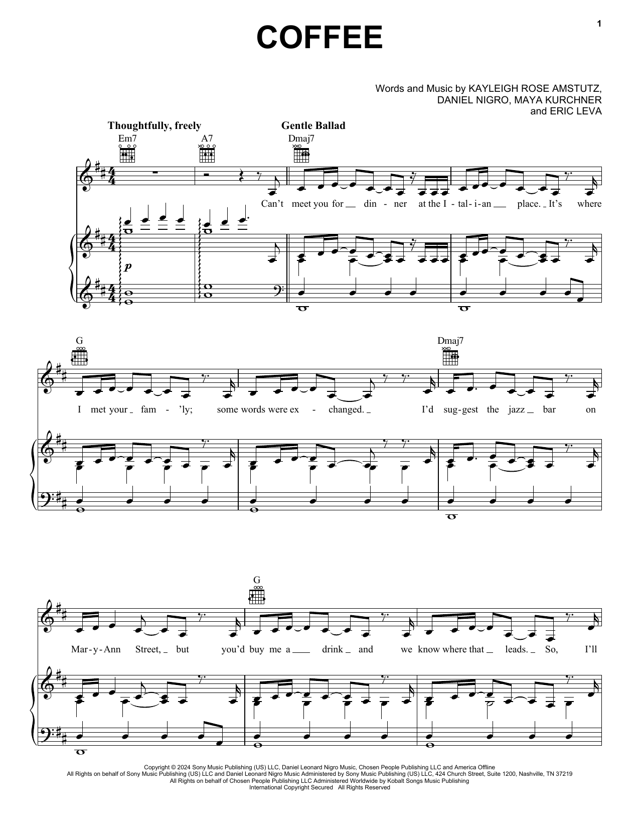 Chappell Roan Coffee Sheet Music Notes & Chords for Piano, Vocal & Guitar Chords (Right-Hand Melody) - Download or Print PDF