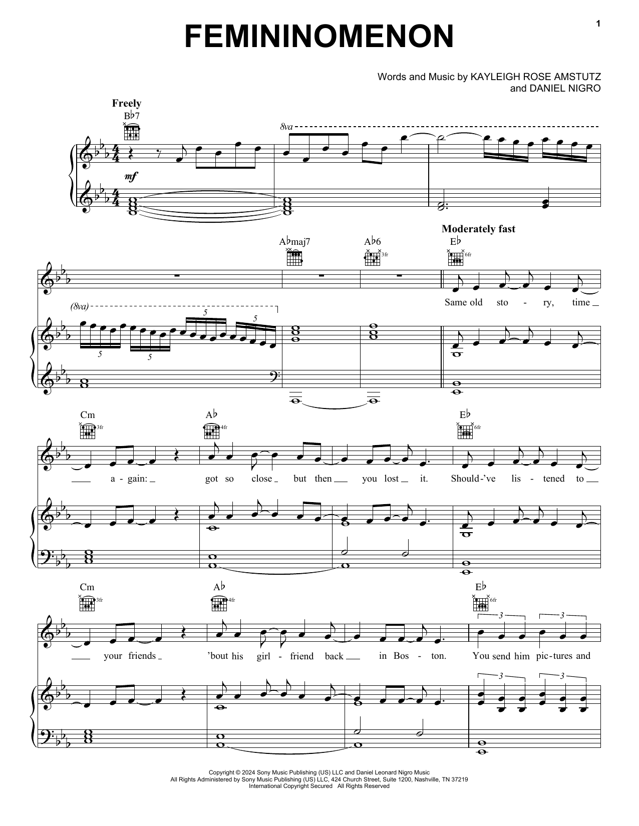 Chappell Roan Femininomenon Sheet Music Notes & Chords for Piano, Vocal & Guitar Chords (Right-Hand Melody) - Download or Print PDF