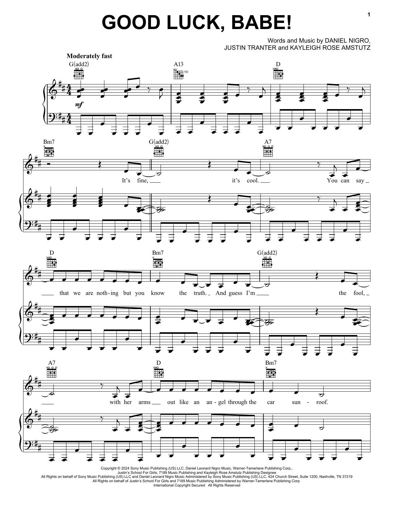 Chappell Roan Good Luck, Babe! Sheet Music Notes & Chords for Piano, Vocal & Guitar Chords (Right-Hand Melody) - Download or Print PDF