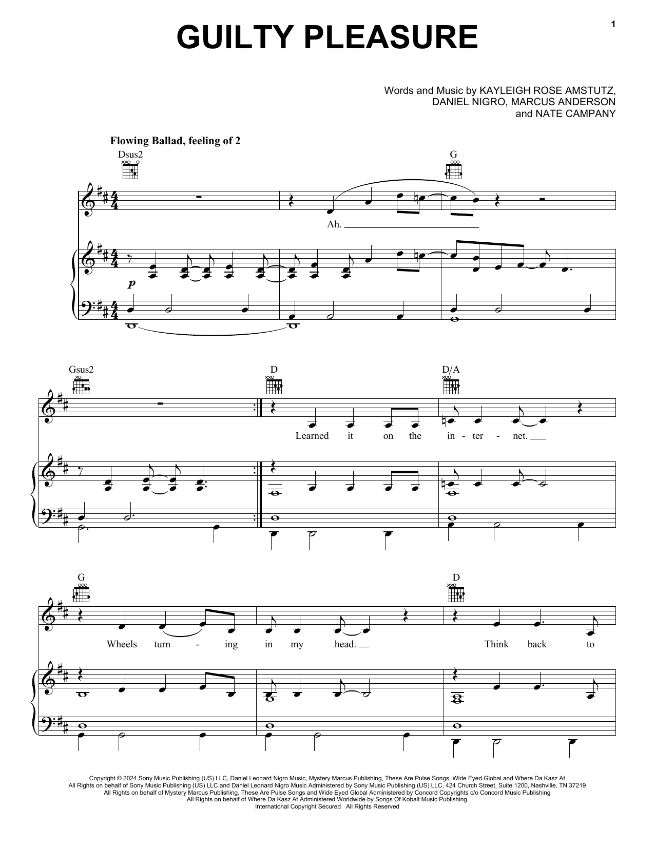 Chappell Roan Guilty Pleasure Sheet Music Notes & Chords for Piano, Vocal & Guitar Chords (Right-Hand Melody) - Download or Print PDF