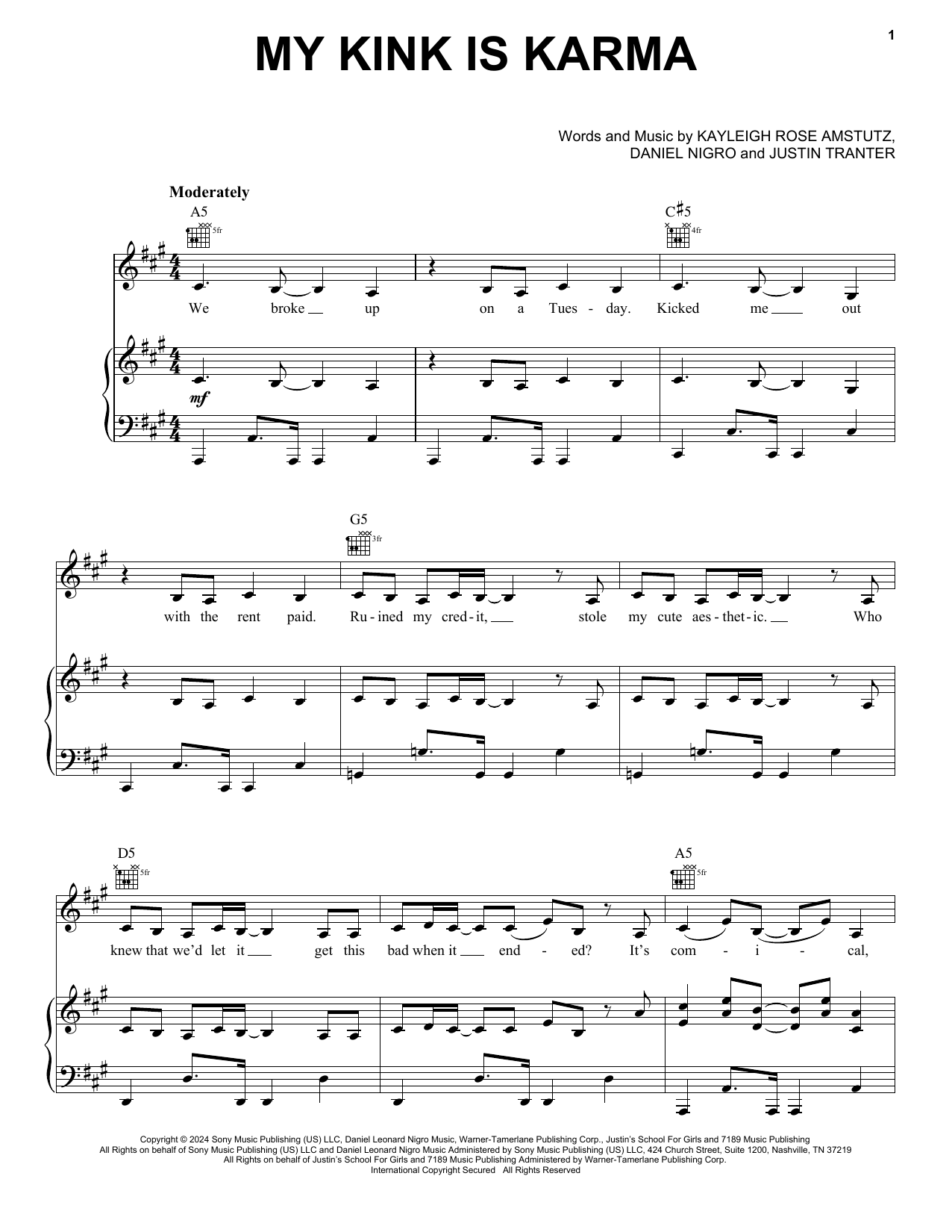 Chappell Roan My Kink Is Karma Sheet Music Notes & Chords for Piano, Vocal & Guitar Chords (Right-Hand Melody) - Download or Print PDF