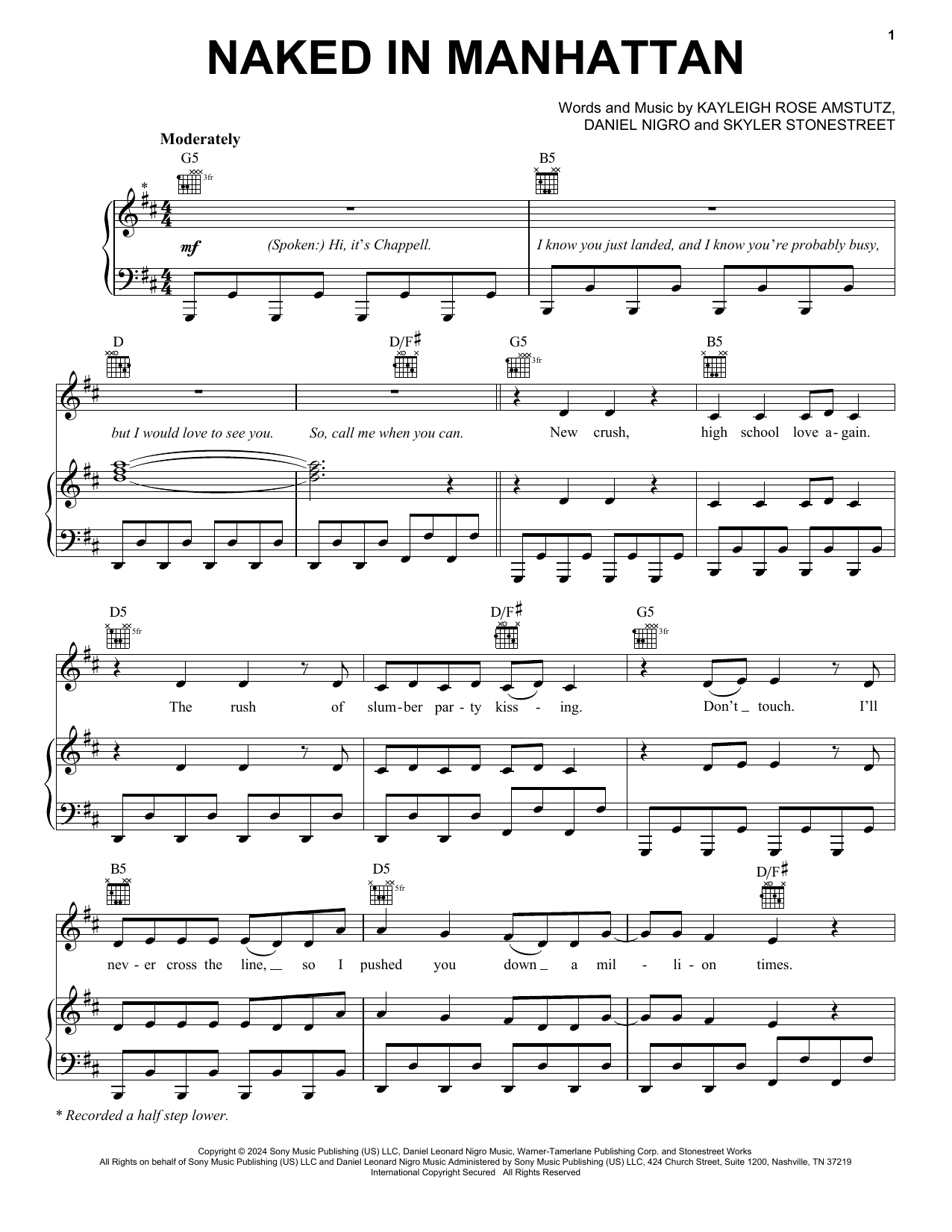 Chappell Roan Naked In Manhattan Sheet Music Notes & Chords for Piano, Vocal & Guitar Chords (Right-Hand Melody) - Download or Print PDF