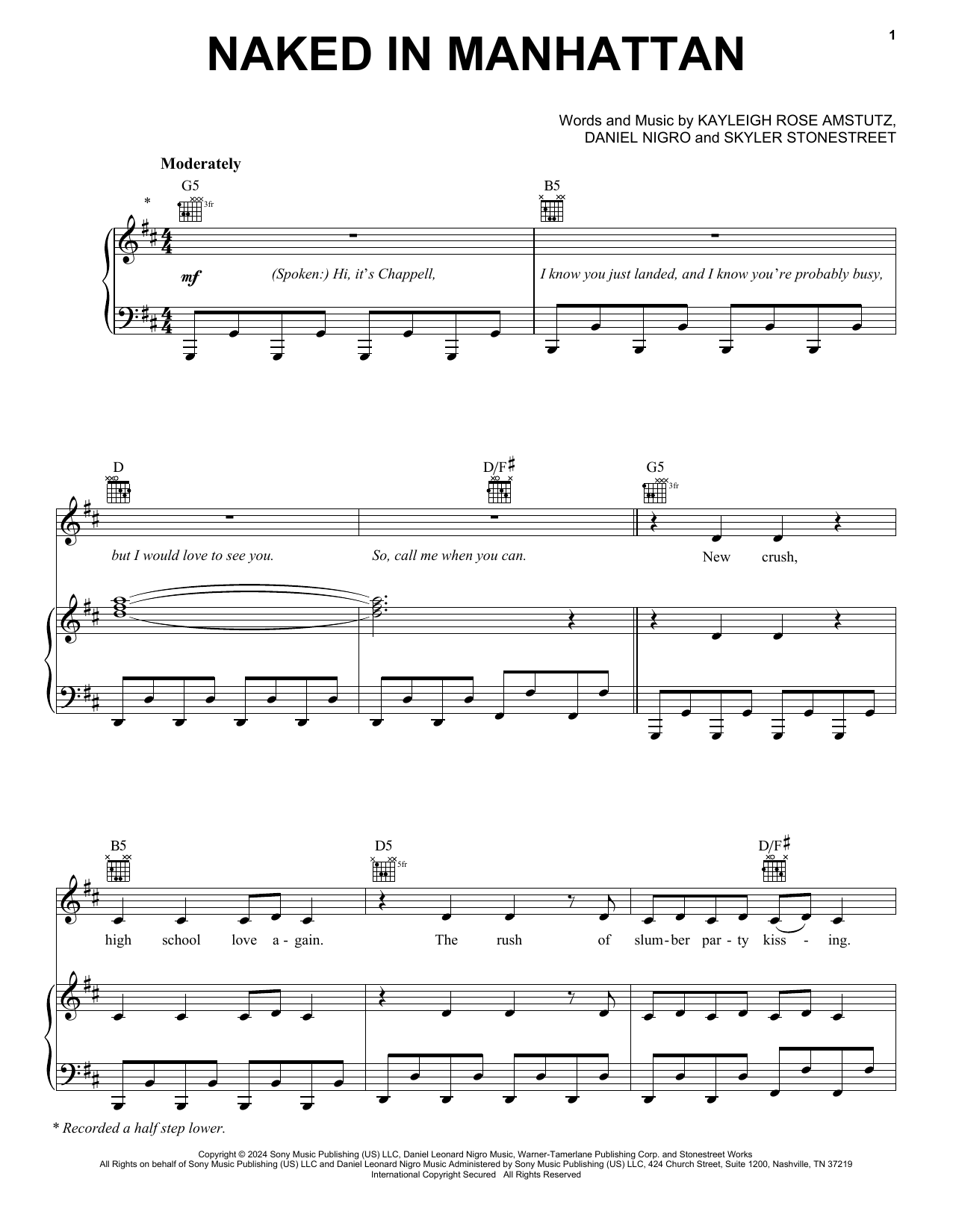 Chappell Roan Naked In Manhattan Sheet Music Notes & Chords for Piano, Vocal & Guitar Chords (Right-Hand Melody) - Download or Print PDF