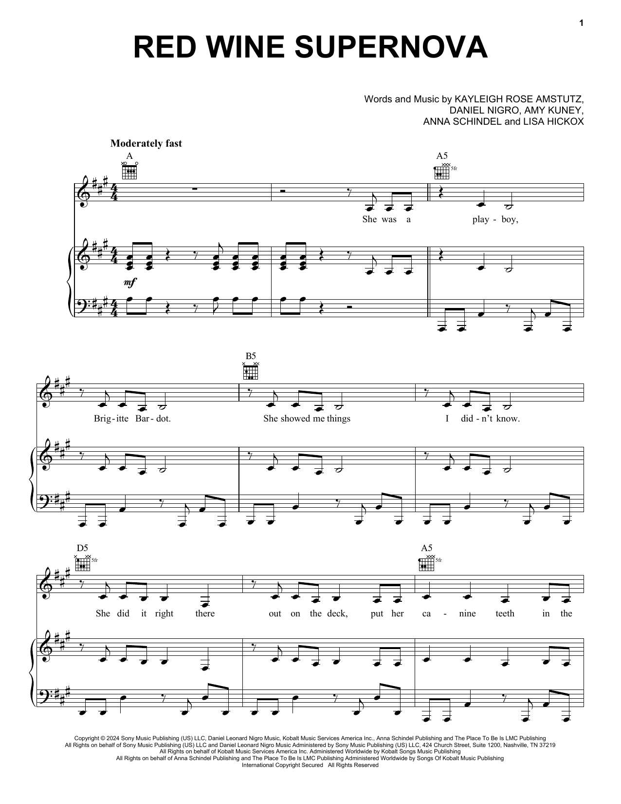 Chappell Roan Red Wine Supernova Sheet Music Notes & Chords for Piano, Vocal & Guitar Chords (Right-Hand Melody) - Download or Print PDF