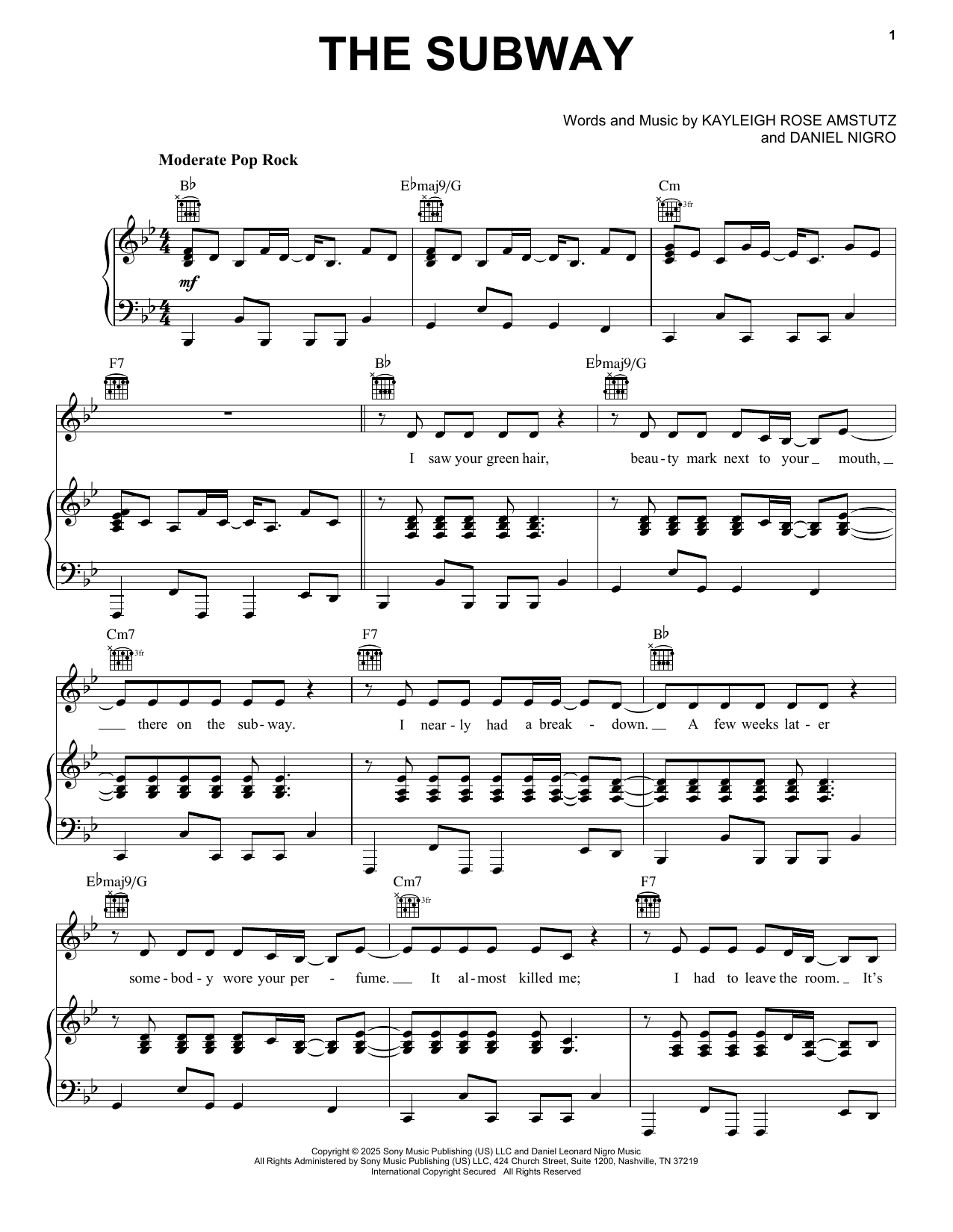 Chappell Roan The Subway Sheet Music Notes & Chords for Piano, Vocal & Guitar Chords (Right-Hand Melody) - Download or Print PDF