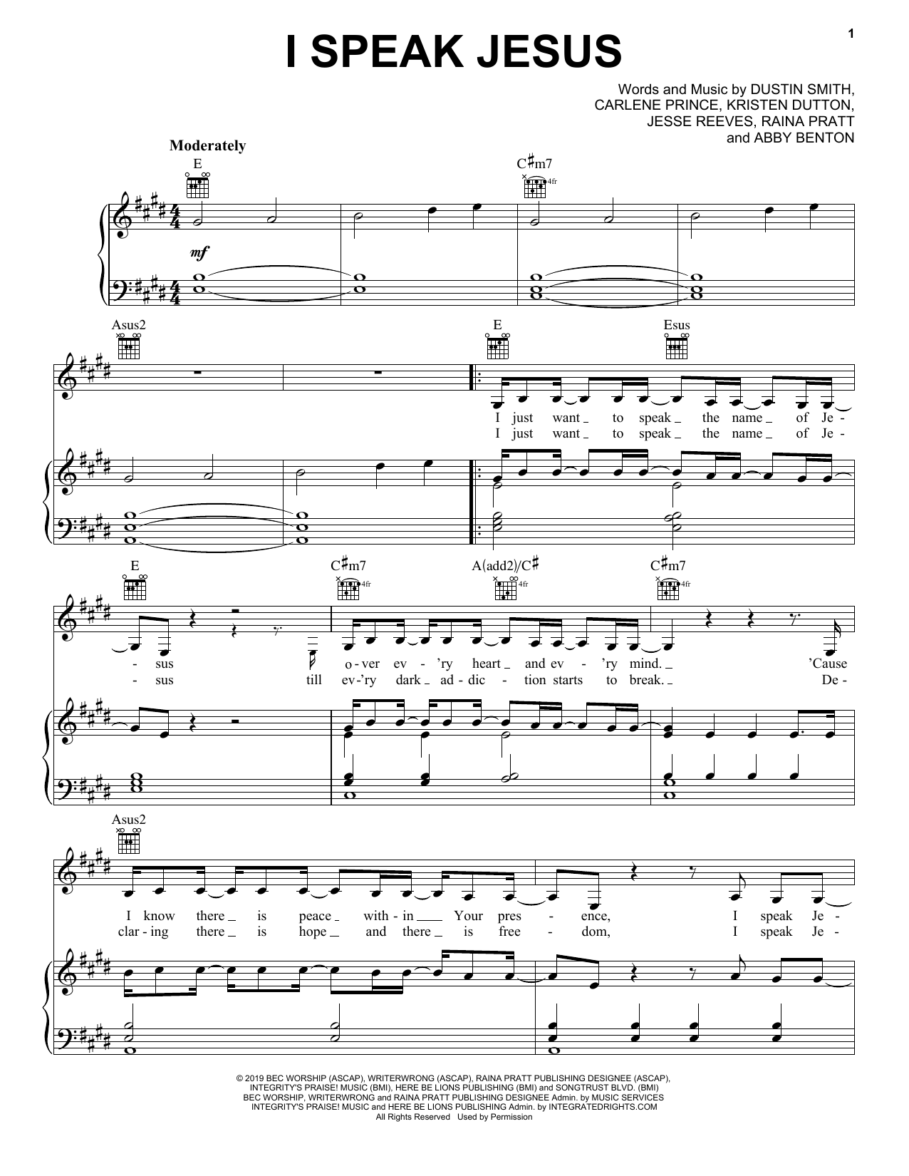 Charity Gayle I Speak Jesus (feat. Steven Musso) Sheet Music Notes & Chords for Piano, Vocal & Guitar Chords (Right-Hand Melody) - Download or Print PDF