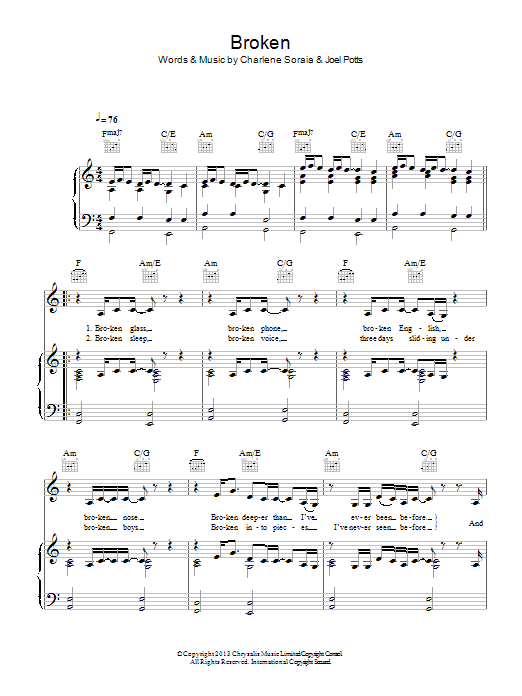 Charlene Soraia Broken Sheet Music Notes & Chords for Piano, Vocal & Guitar (Right-Hand Melody) - Download or Print PDF