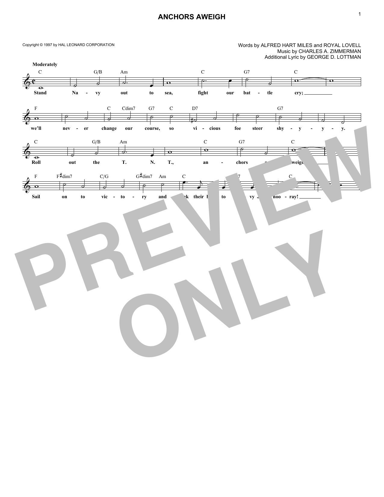 Charles A. Zimmerman Anchors Aweigh Sheet Music Notes & Chords for Melody Line, Lyrics & Chords - Download or Print PDF