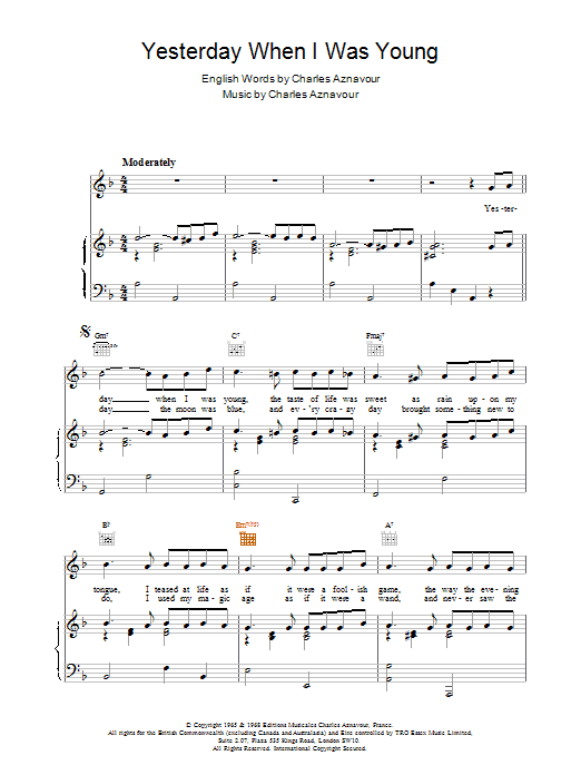 Charles Aznavour Yesterday When I Was Young Sheet Music Notes & Chords for Piano, Vocal & Guitar (Right-Hand Melody) - Download or Print PDF