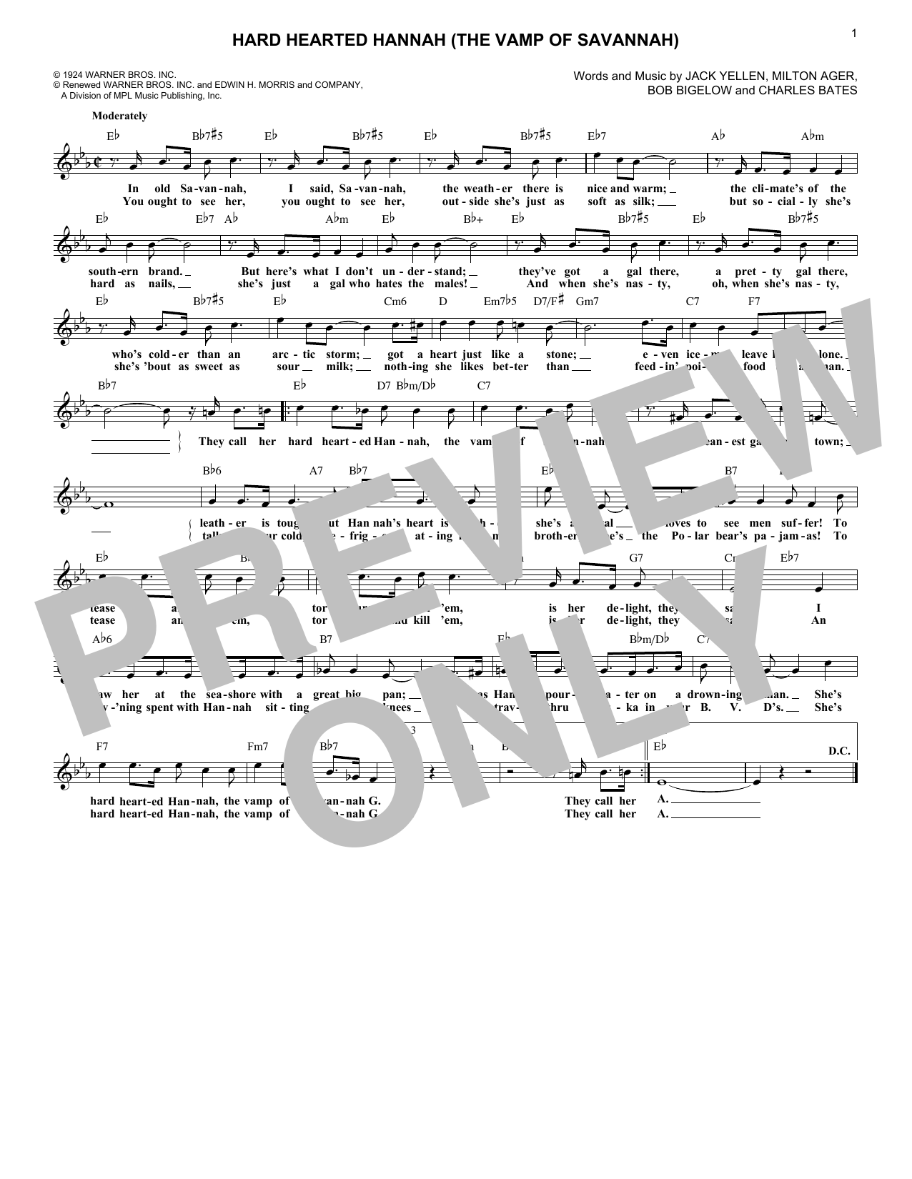 Charles Bates Hard Hearted Hannah (The Vamp Of Savannah) Sheet Music Notes & Chords for Lead Sheet / Fake Book - Download or Print PDF
