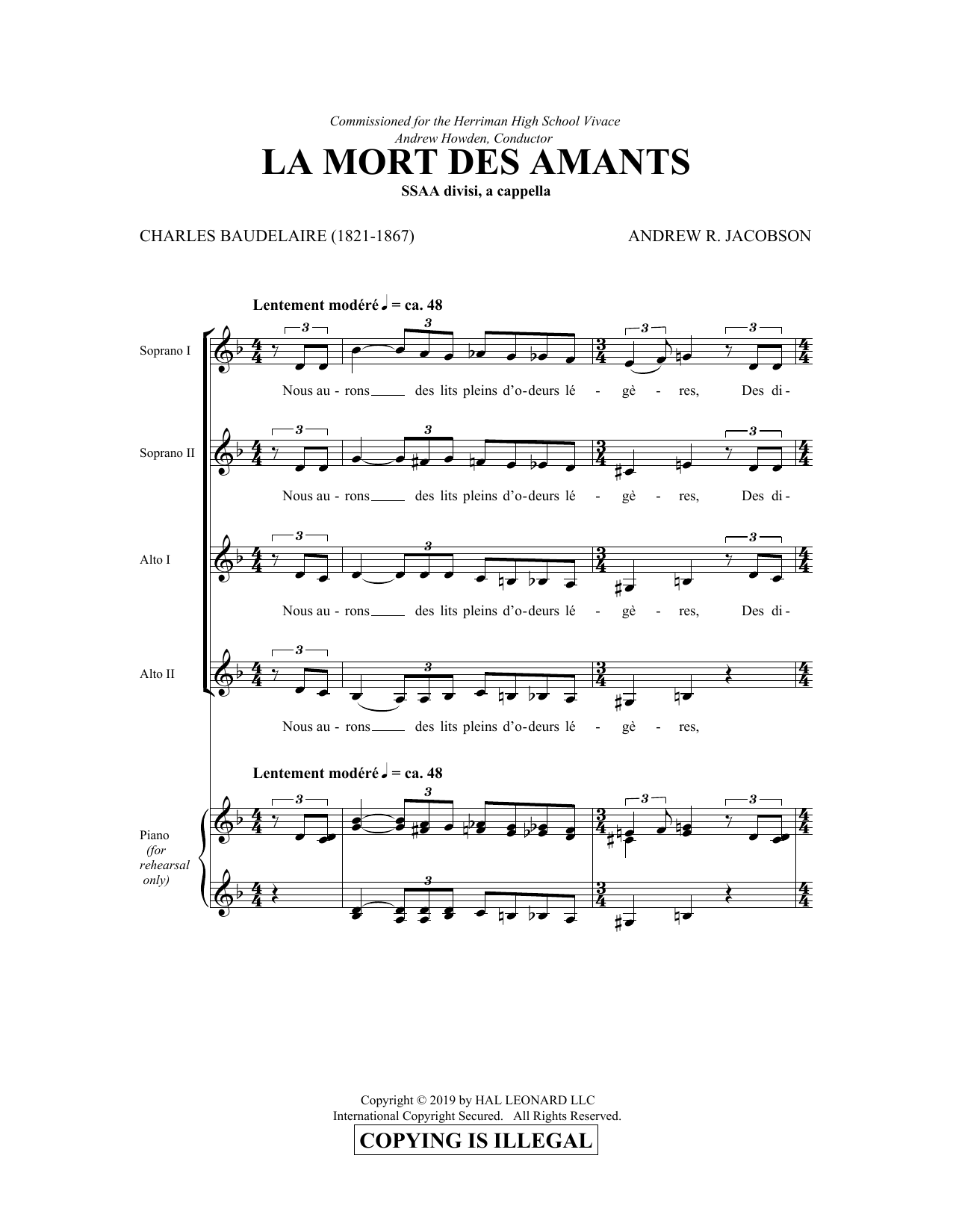 Charles Baudelaire and Andrew Jacobson La Mort Des Amants Sheet Music Notes & Chords for SSA Choir - Download or Print PDF