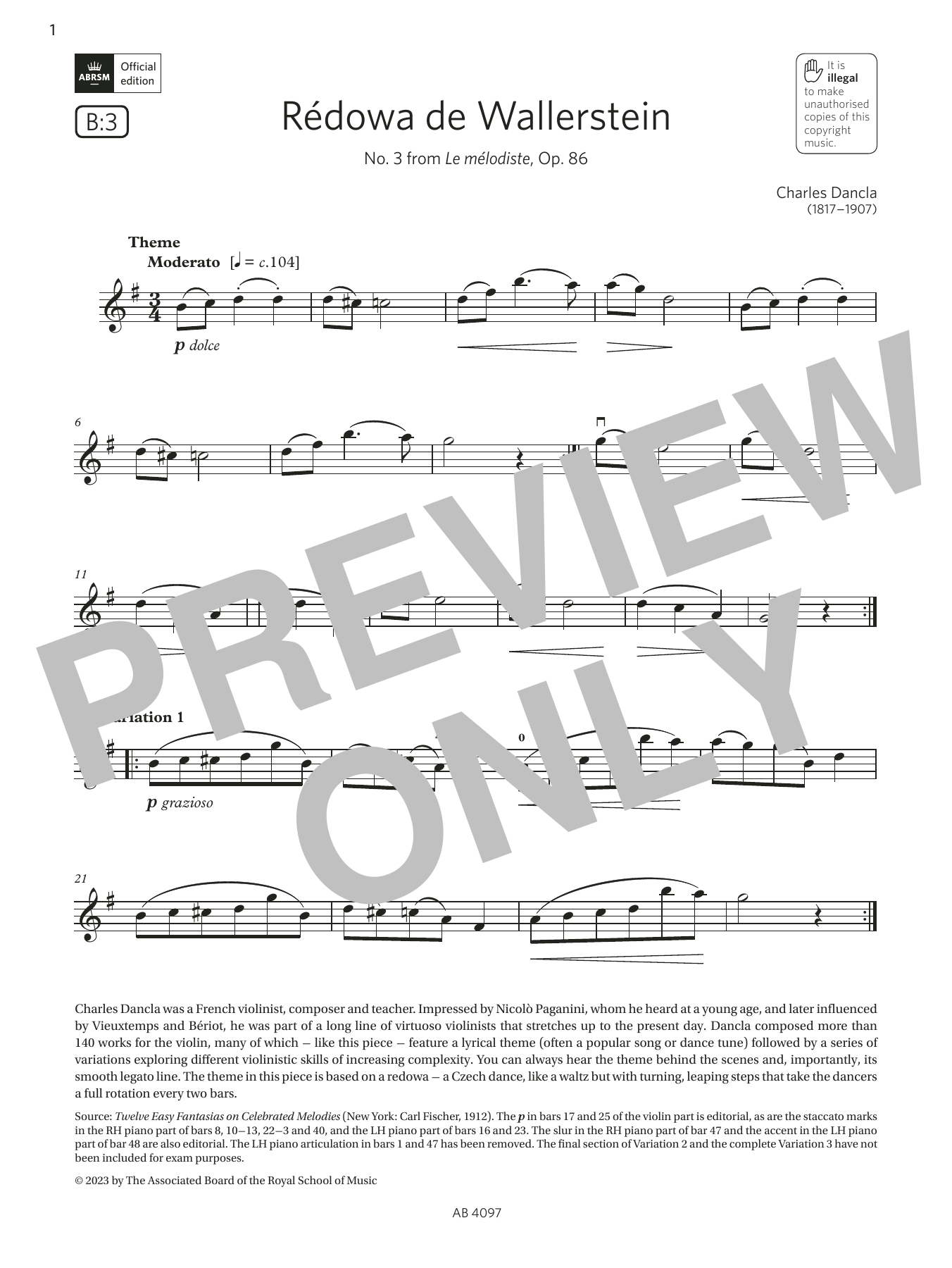 Charles Dancla Rédowa de Wallerstein (Grade 3, B3, from the ABRSM Violin Syllabus from 2024) Sheet Music Notes & Chords for Violin Solo - Download or Print PDF