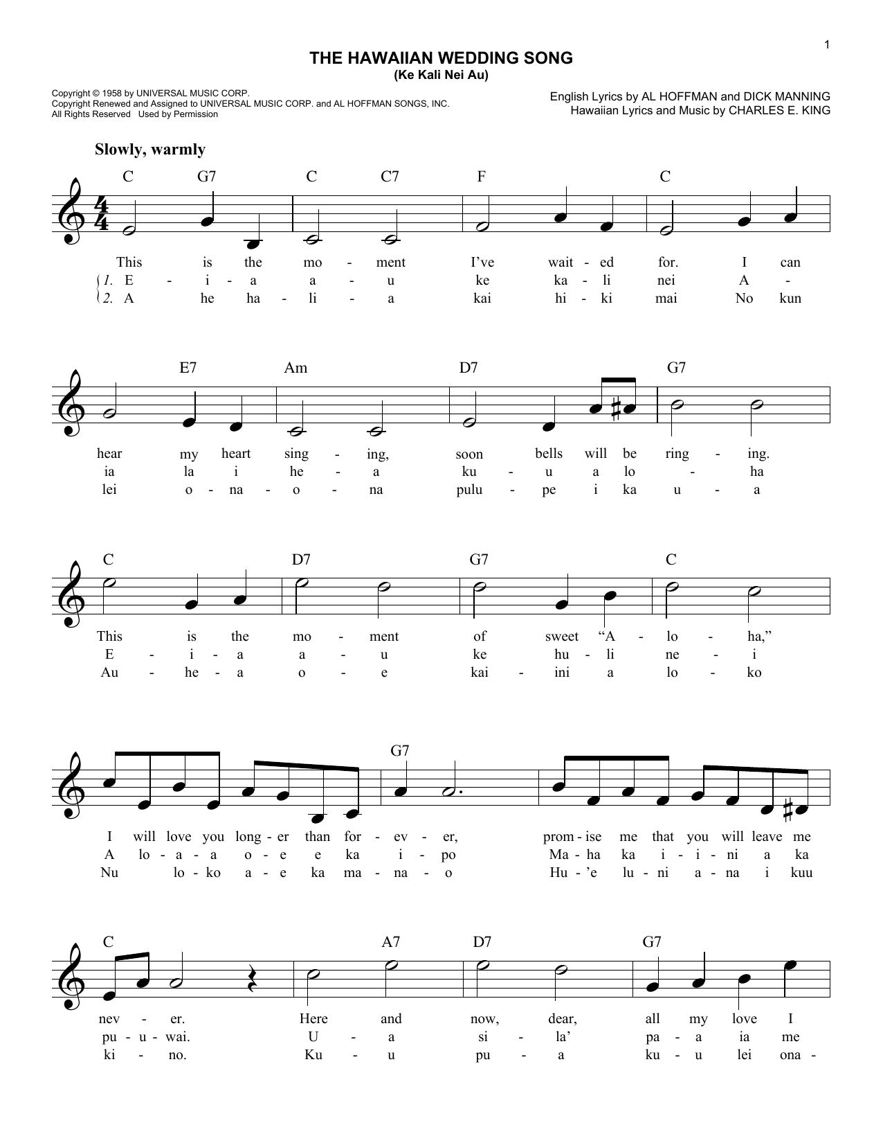 Charles E. King The Hawaiian Wedding Song (Ke Kali Nei Au) Sheet Music Notes & Chords for Melody Line, Lyrics & Chords - Download or Print PDF