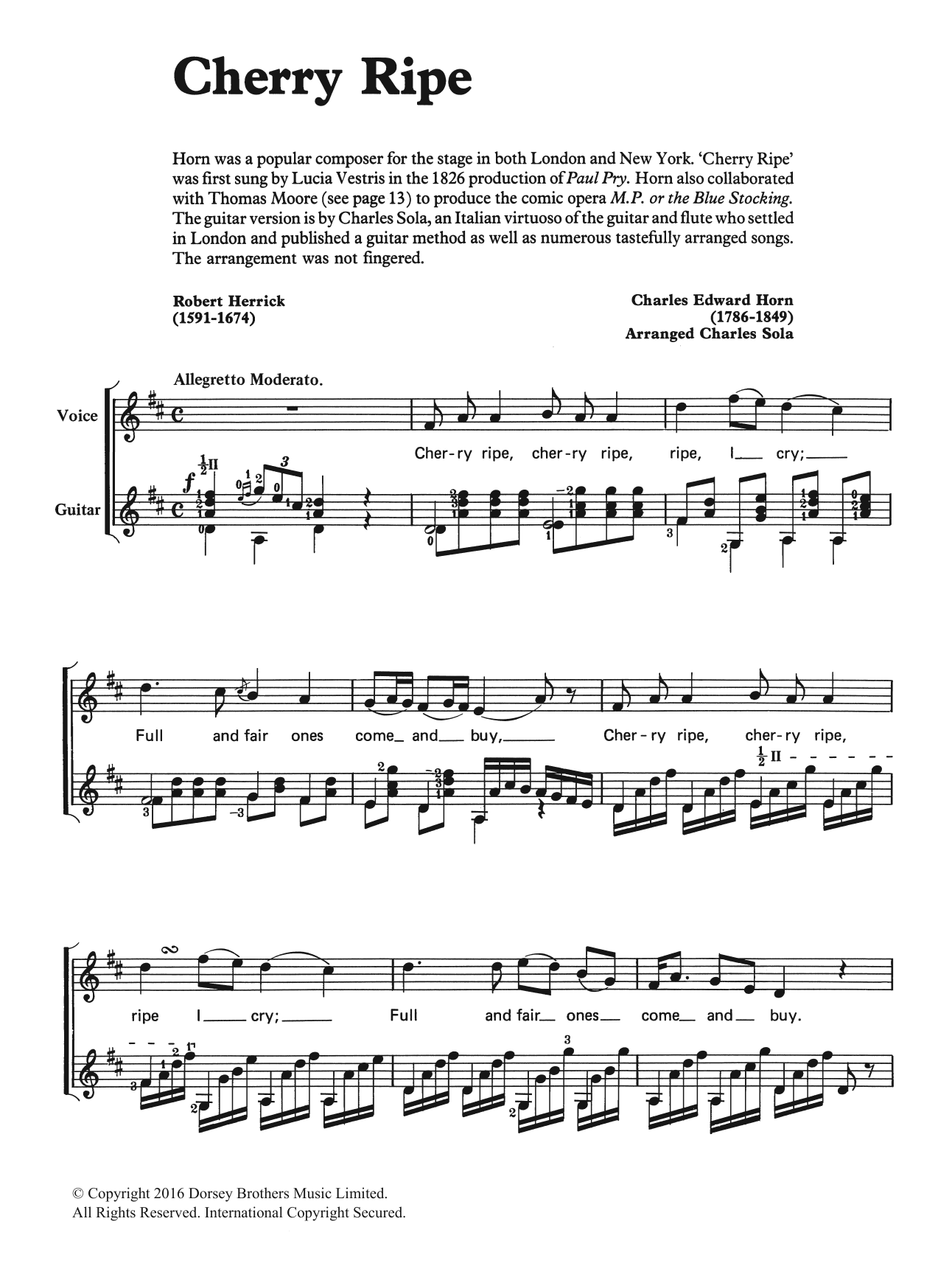 Charles Edward Horn Cherry Ripe Sheet Music Notes & Chords for Voice & Guitar - Download or Print PDF