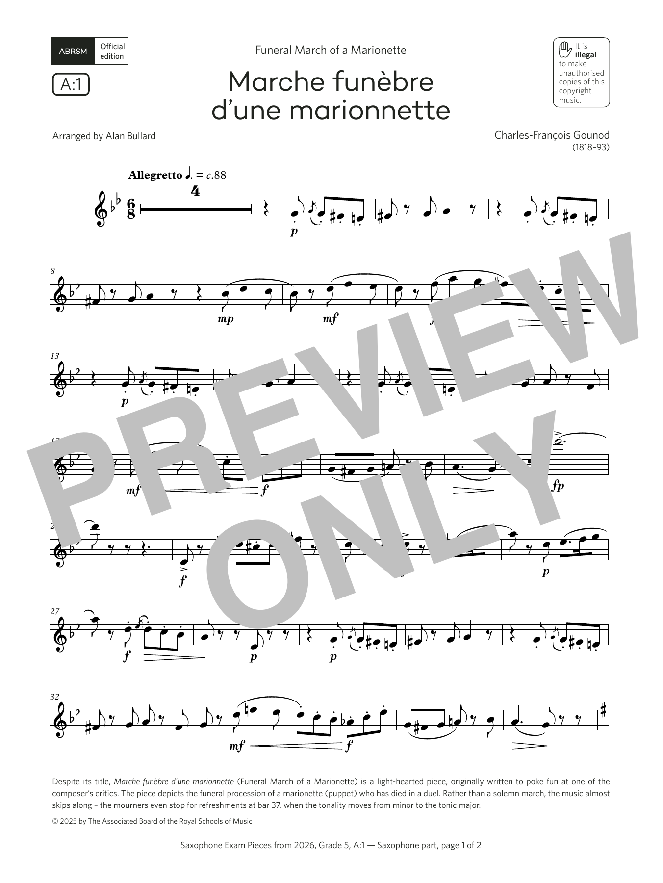 Charles-François Gounod Marche funèbre (Grade 5, list A1, from the ABRSM Saxophone Syllabus from 2026) Sheet Music Notes & Chords for Alto Sax Solo - Download or Print PDF Charles-François Gounod Marche funèbre (Grade 5, list A1, from the ABRSM Saxophone Syllabus from 2026) Sheet Music Notes & Chords for Alto Sax Solo - Download or Print PDF