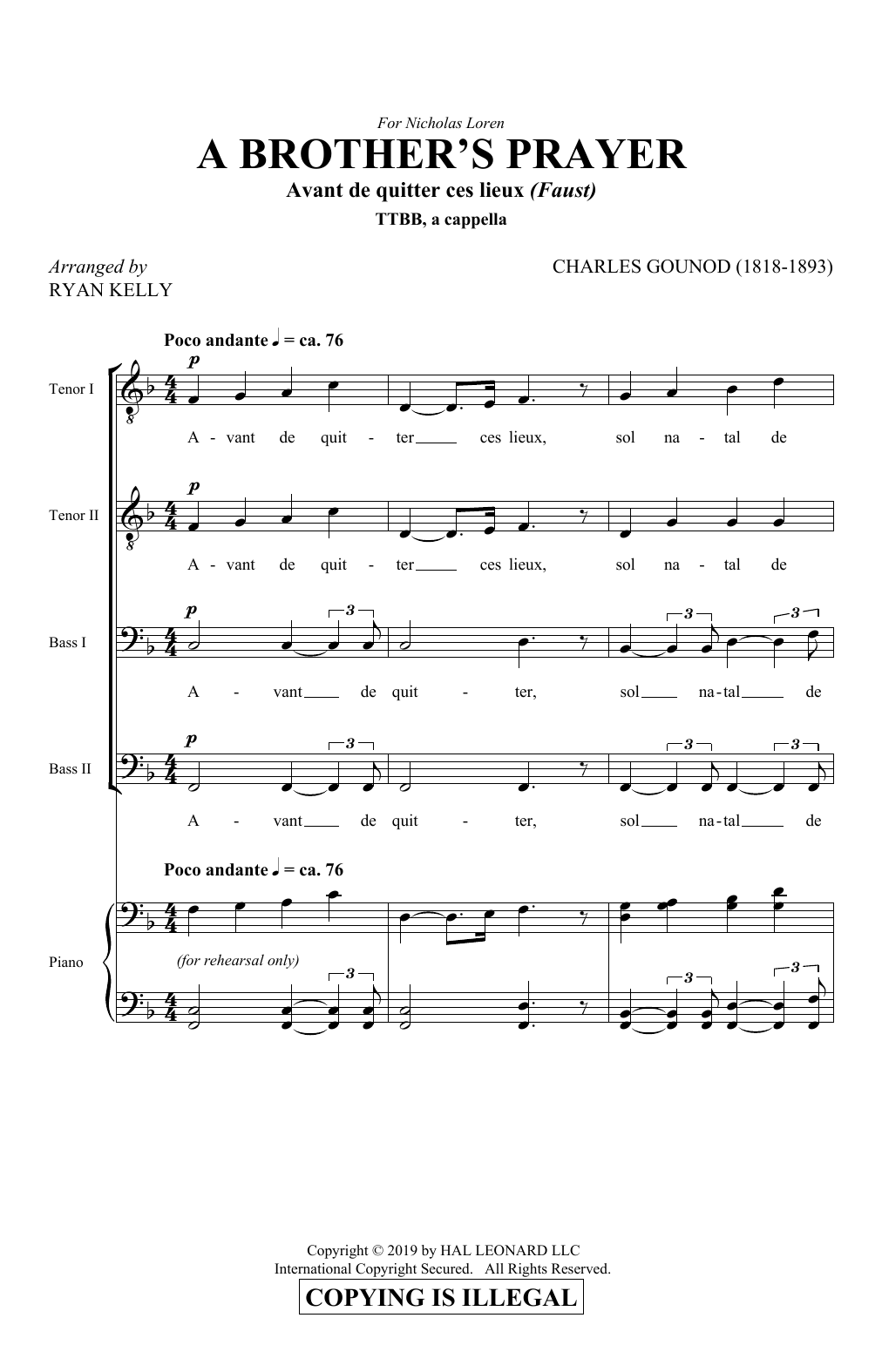 Charles Gounod A Brother's Prayer (Avant de quitter ces lieux) (arr. Ryan Kelly) Sheet Music Notes & Chords for TTBB Choir - Download or Print PDF