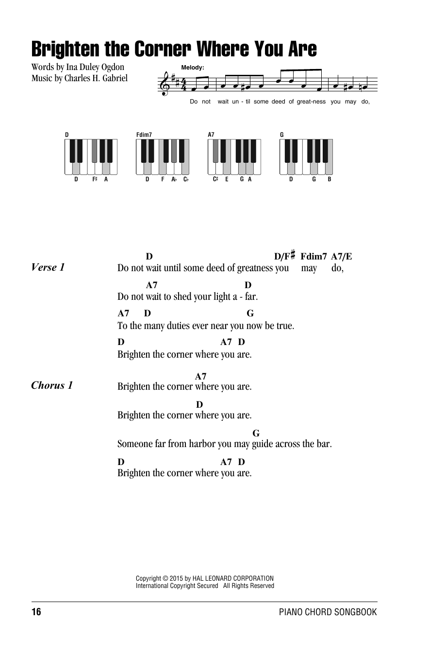 Charles H. Gabriel Brighten The Corner Where You Are Sheet Music Notes & Chords for Lyrics & Piano Chords - Download or Print PDF