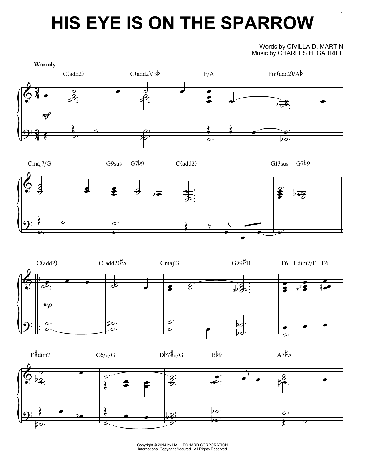 Charles H. Gabriel His Eye Is On The Sparrow [Jazz version] (arr. Brent Edstrom) Sheet Music Notes & Chords for Piano - Download or Print PDF