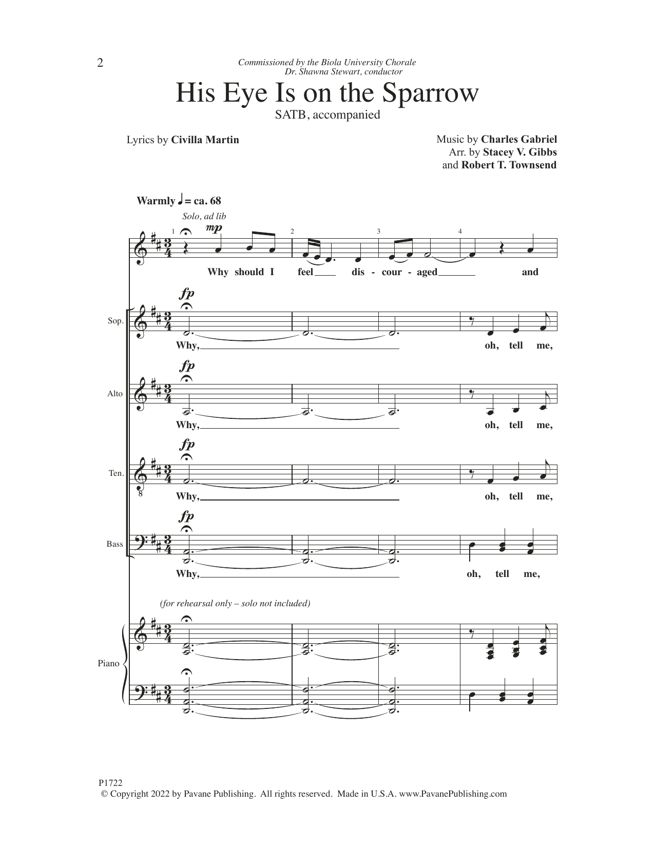 Charles Hutchinson Gabriel His Eye Is On The Sparrow (arr. Stacey V. Gibbs & Robert T. Townsend) Sheet Music Notes & Chords for Choir - Download or Print PDF