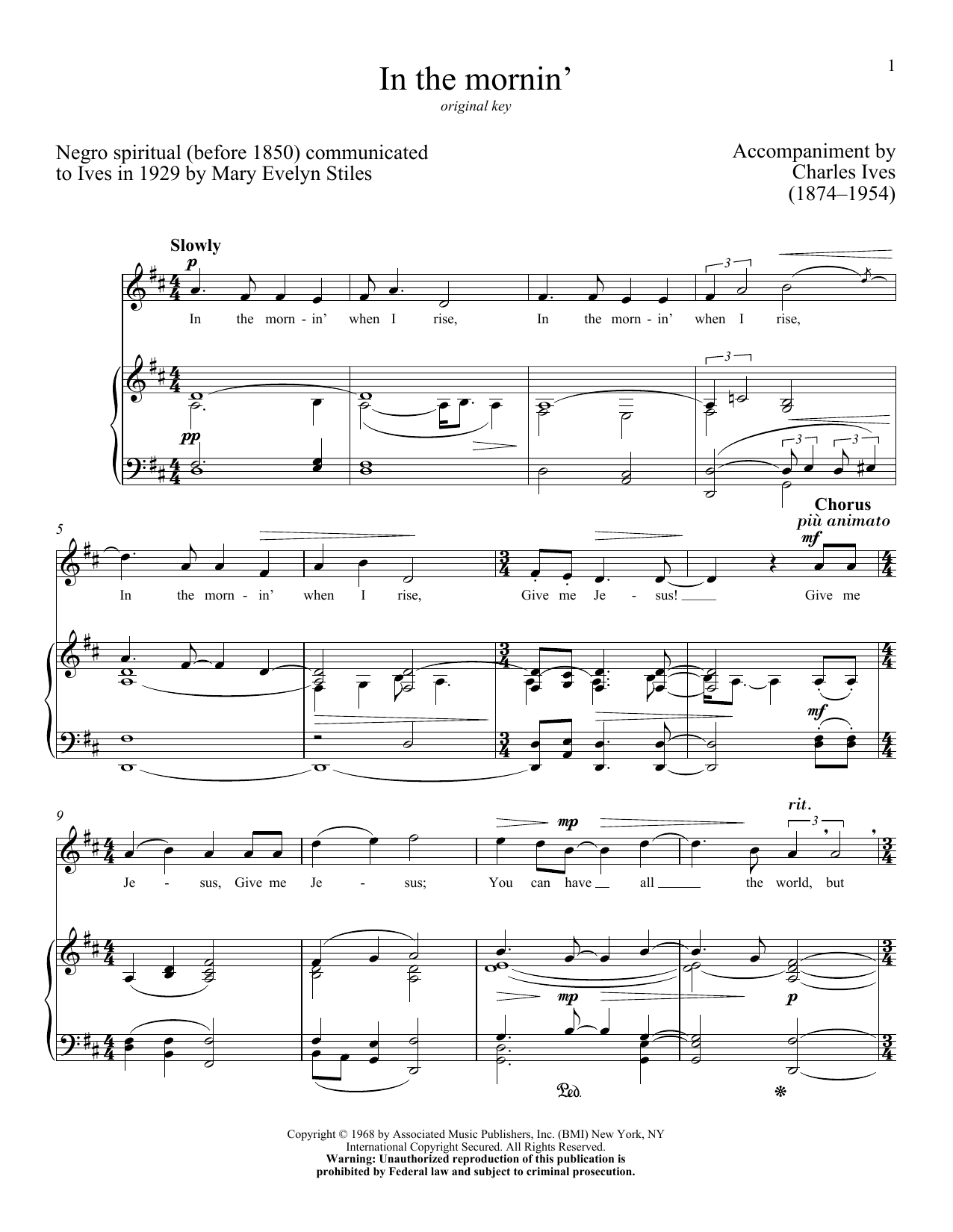 Charles Ives In The Mornin' Sheet Music Notes & Chords for Piano & Vocal - Download or Print PDF