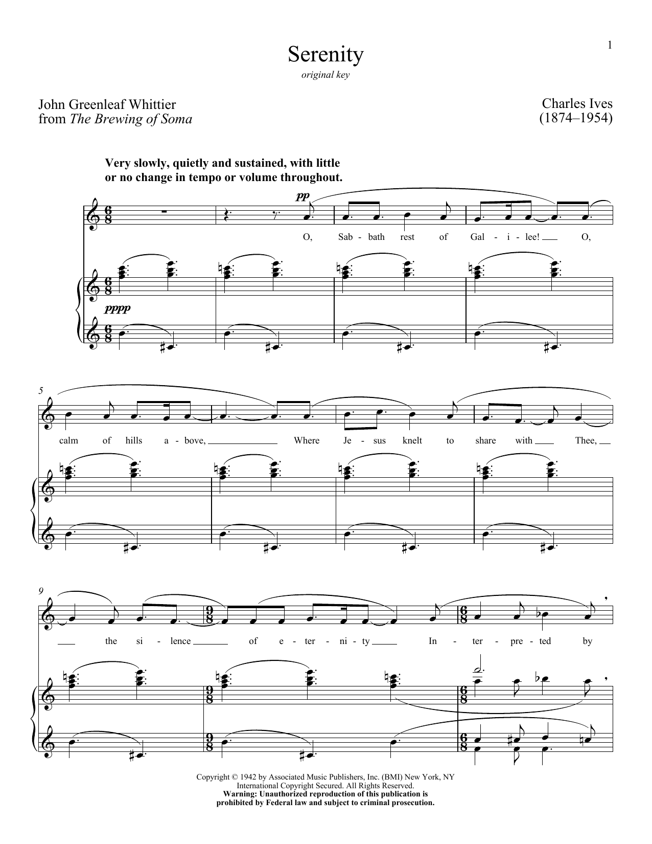Charles Ives Serenity Sheet Music Notes & Chords for Piano & Vocal - Download or Print PDF
