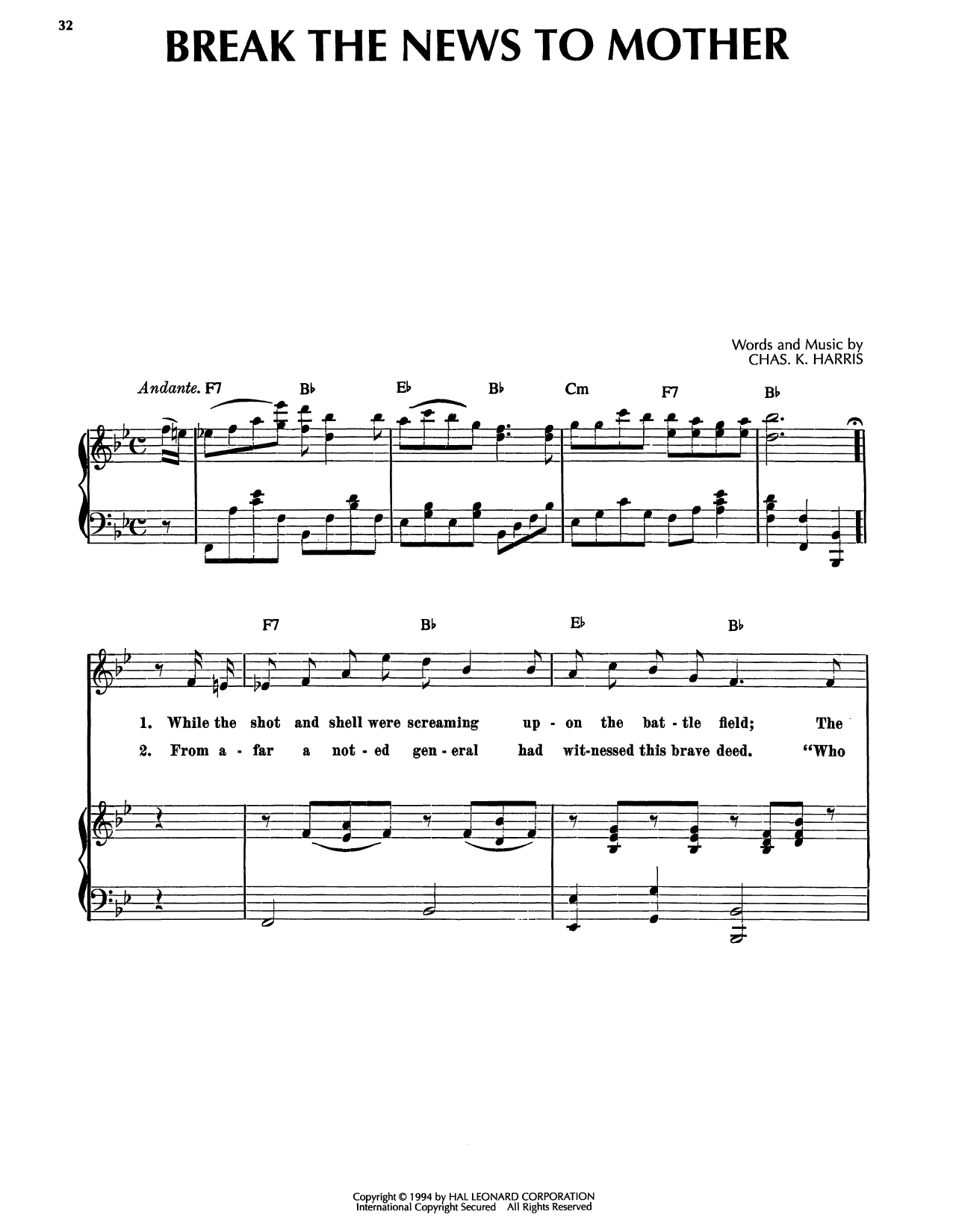 Charles K. Harris Break The News To Mother Sheet Music Notes & Chords for Piano, Vocal & Guitar Chords (Right-Hand Melody) - Download or Print PDF